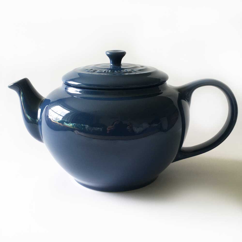 Le Creuset Stoneware Blue Teapot Side View